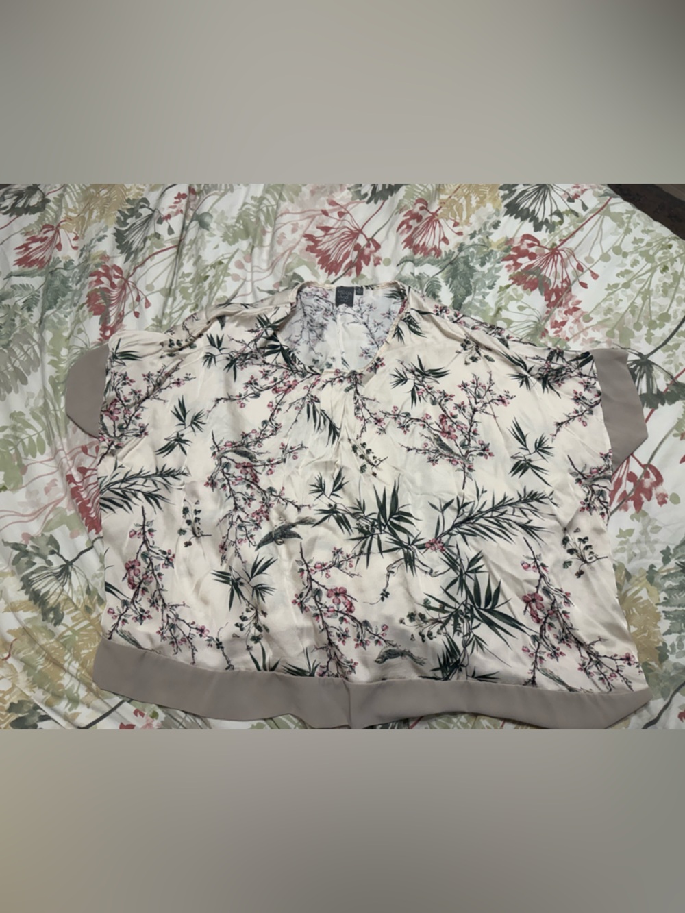 Moda Cream Floral Satin Short-Sleeve Blouse with Green and Pink Print